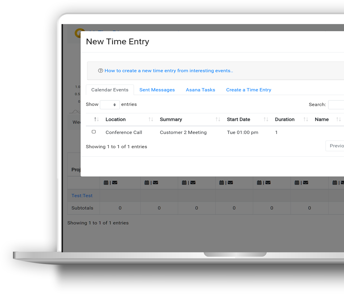 A Screenshot of a time entry created from an Integrated Application